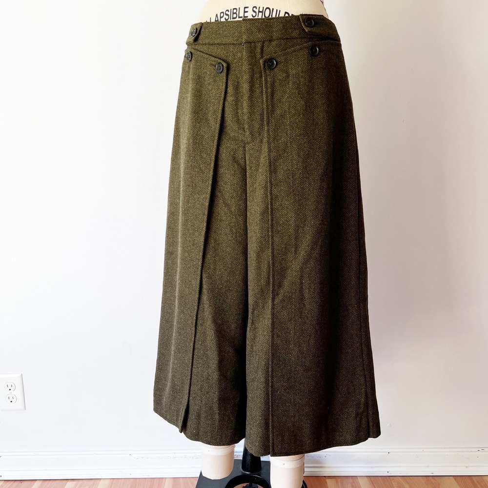 RARE Banana Republic Culottes Olive Green Herringbone Wool Blend Button Wide Leg